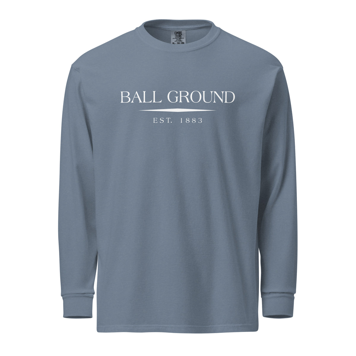 Ball Ground GA long sleeve shirt in Blue Jean with white ink, North GA Local