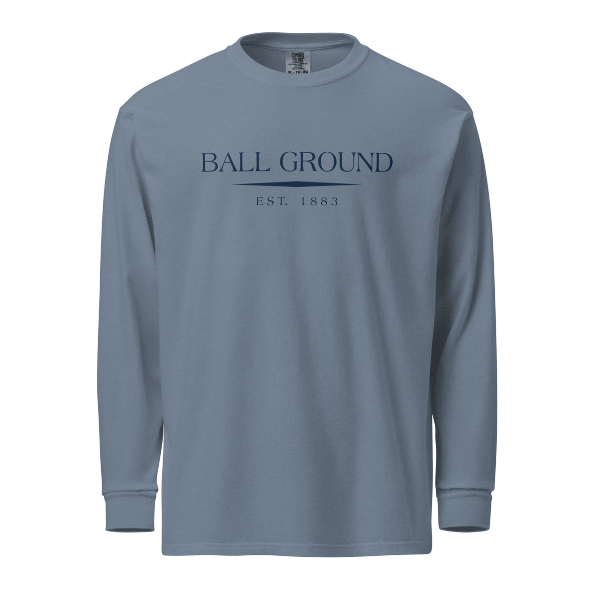 Ball Ground GA long sleeve shirt in Blue Jean with navy ink, North GA Local