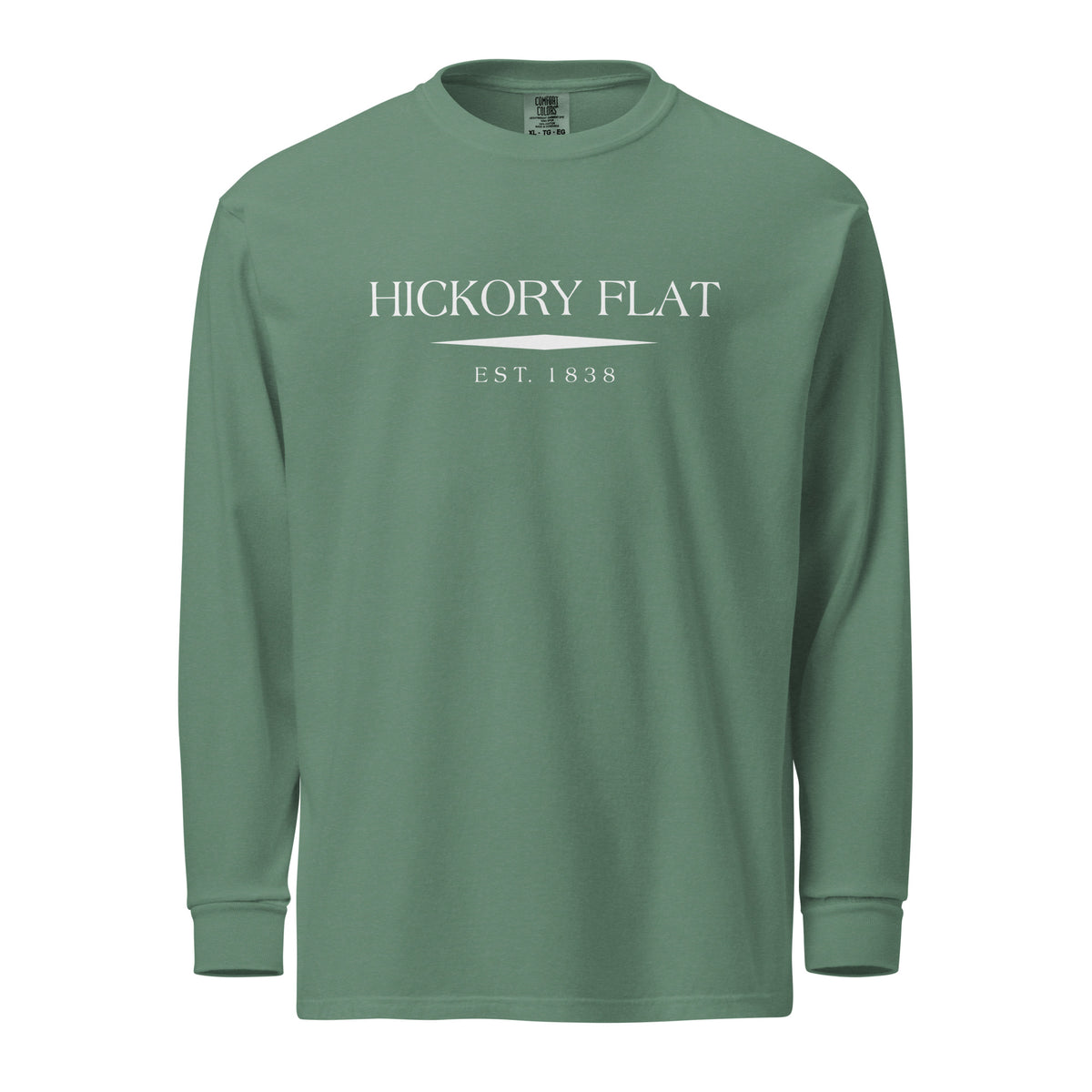 Hickory Flat GA long sleeve shirt in Light Green with white ink, North GA Local