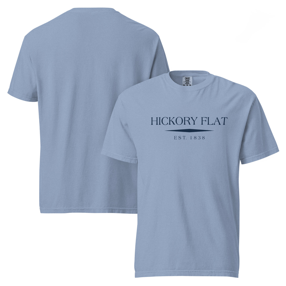 Hickory Flat GA t-shirt in Washed Denim with navy ink, North GA Local